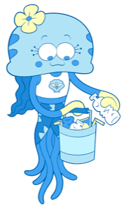 Illustrated jellyfish holding a bucket of collected plastic