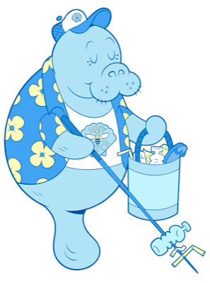 Illustrated manatee carrying a bucket of beach trash