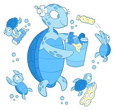 Illustrated sea turtles collecting plastic bottles