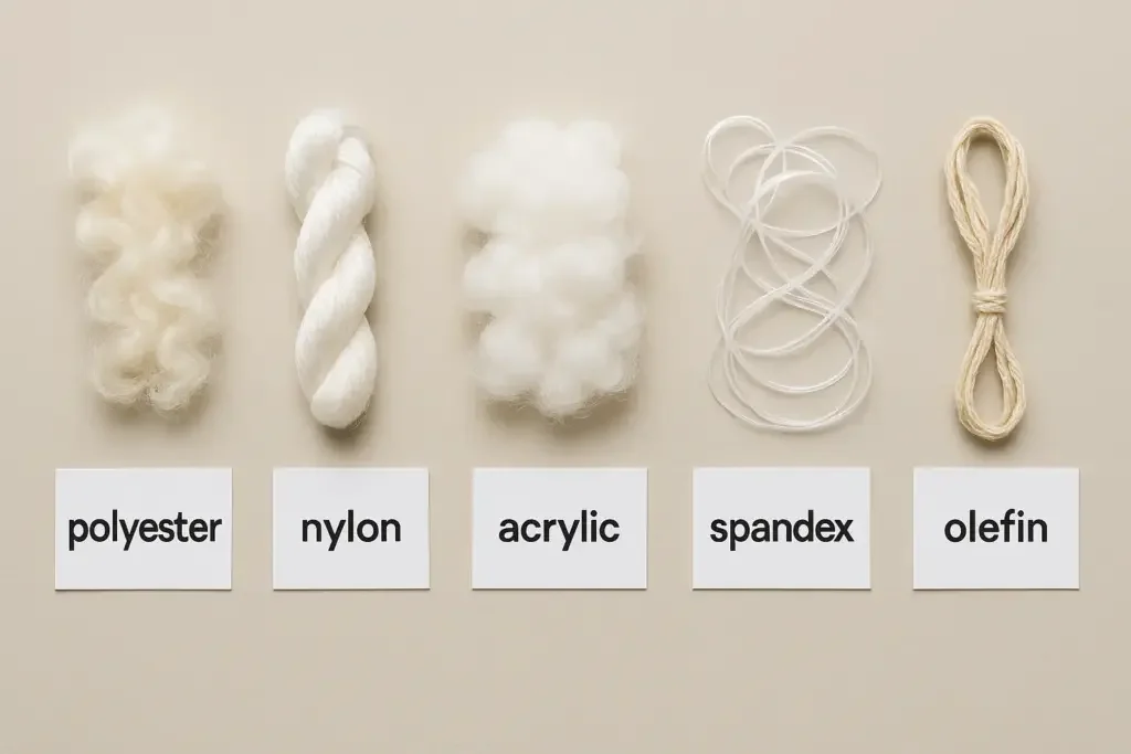 Samples of five synthetic fibers labeled polyester, nylon, acrylic, spandex and olefin
